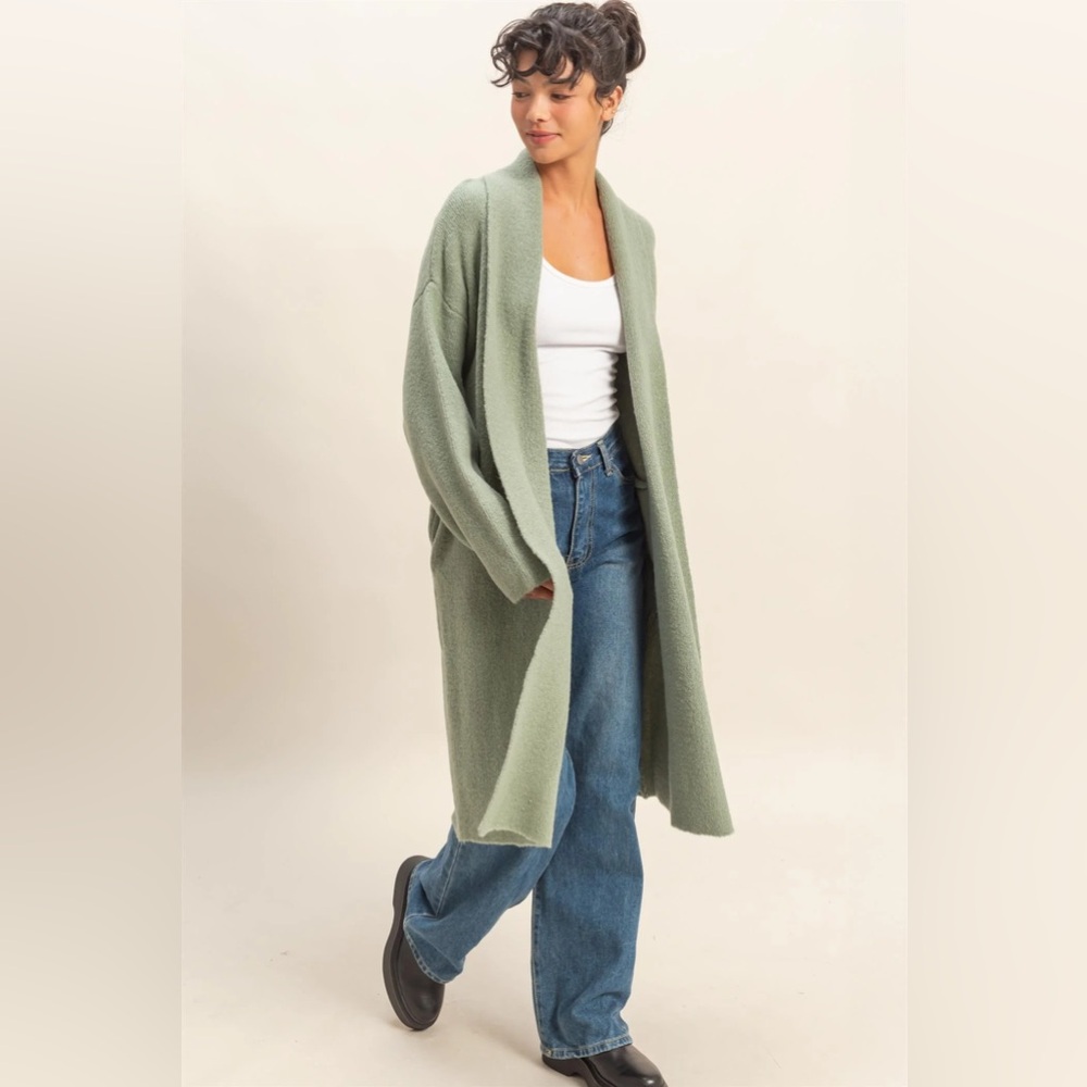 NEW Double Zero Sage Green Longline Duster Cardigan Open Front Sweater Large